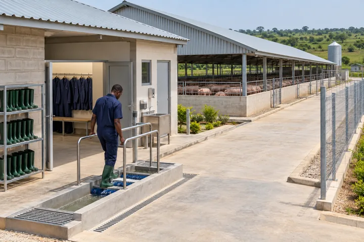 A managed biosecurity entrance with changing facilities and dedicated boots beside a commercial pig barn — AI-generated illustration