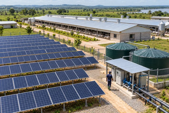 A substantial solar array and water-storage installation beside modern commercial farm buildings — AI-generated illustration